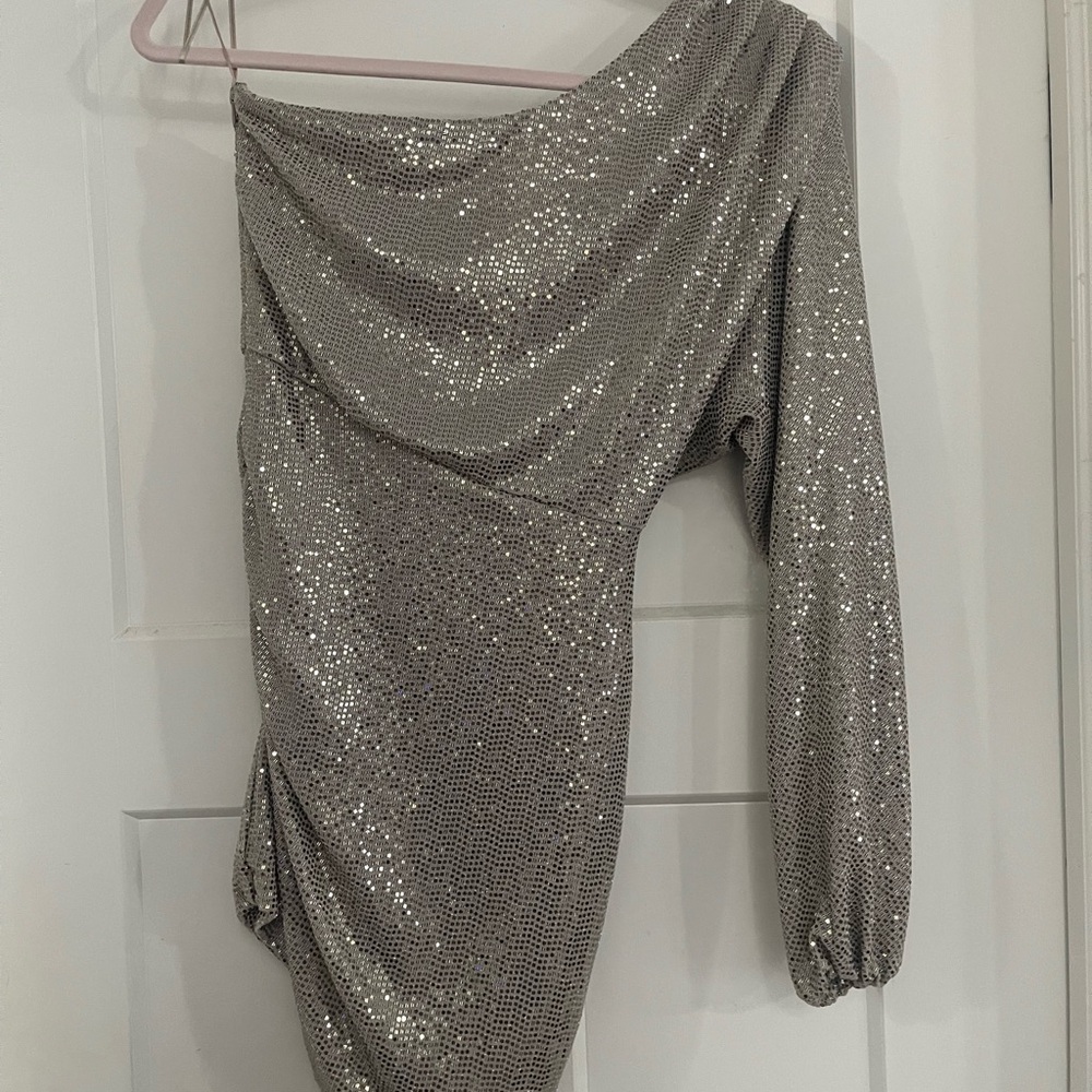 Astr One-Shoulder Sequin Dress in Silver